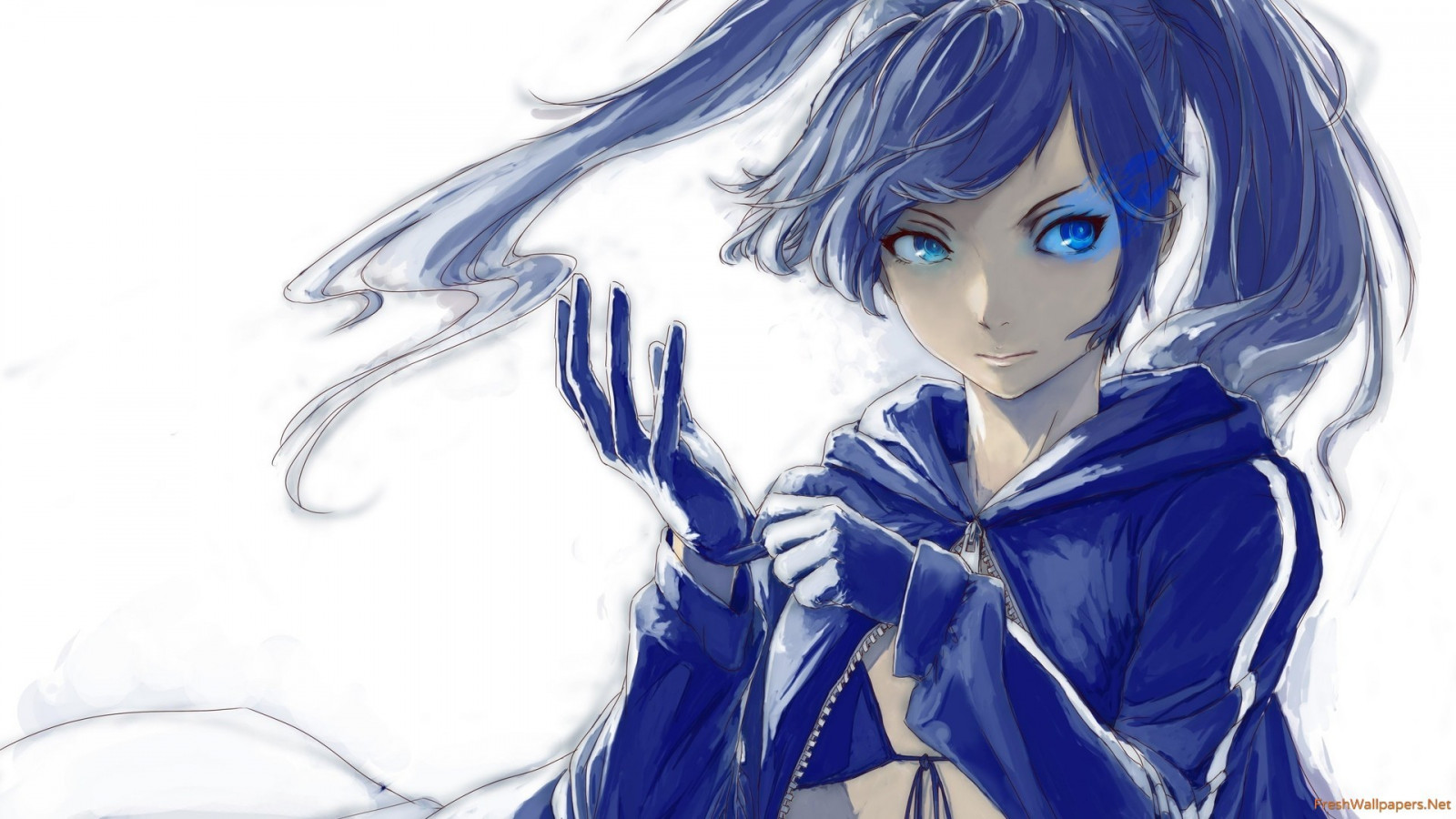 tegning, illustration, anime, Anime piger, Blåt hår, blå øjne, kunstværk, handsker, Black Rock Shooter, skitse, mangaka