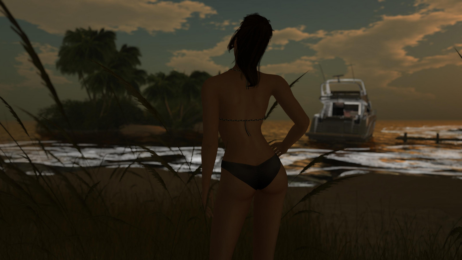 alexandriabrangwin, secondlife, 3D, CGI, computer, graphics, VirTual, world, photography, beach, ocean, waves, tall, reeds, hidden, bay, sand, tropical, island, jezabel, boat, yacht, evening, monokini, ponytail, clouds, woman