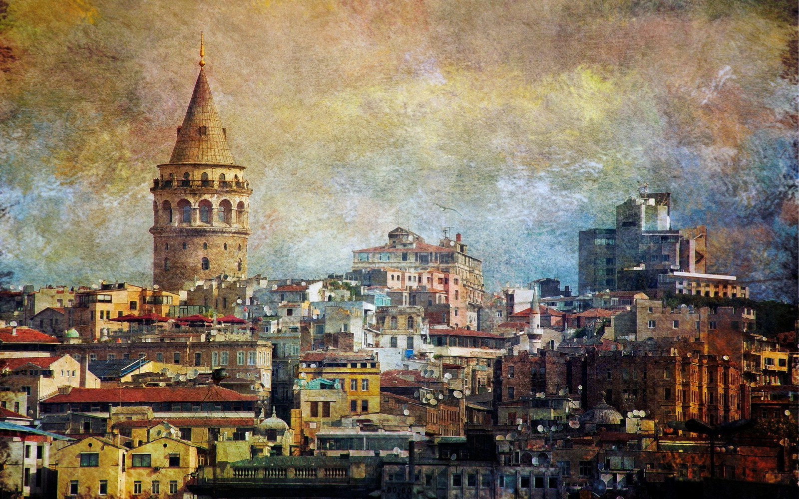 malování, město, panoráma města, panoráma, večer, Istanbul, krocan, metropole, Galata Kulesi, Galata, lidské osídlení