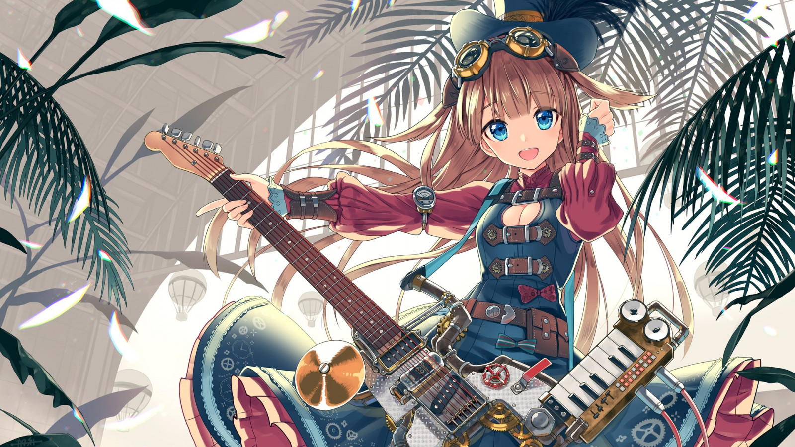Wallpaper illustration, anime girls, guitar, musical instrument, hat