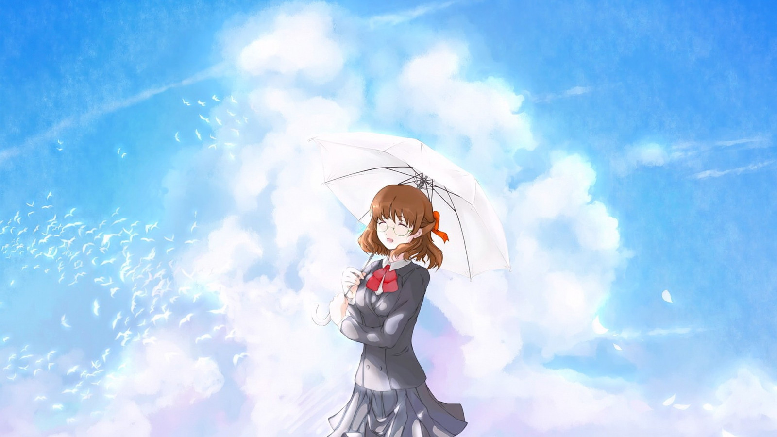 slunečnímu záření, zavřenýma očima, anime, anime dívky, krátké vlasy, bruneta, brýle, otevři pusu, nebe, mraky, deštník, usmívající se, modrý, mrak, Snímek obrazovky, počítač tapeta