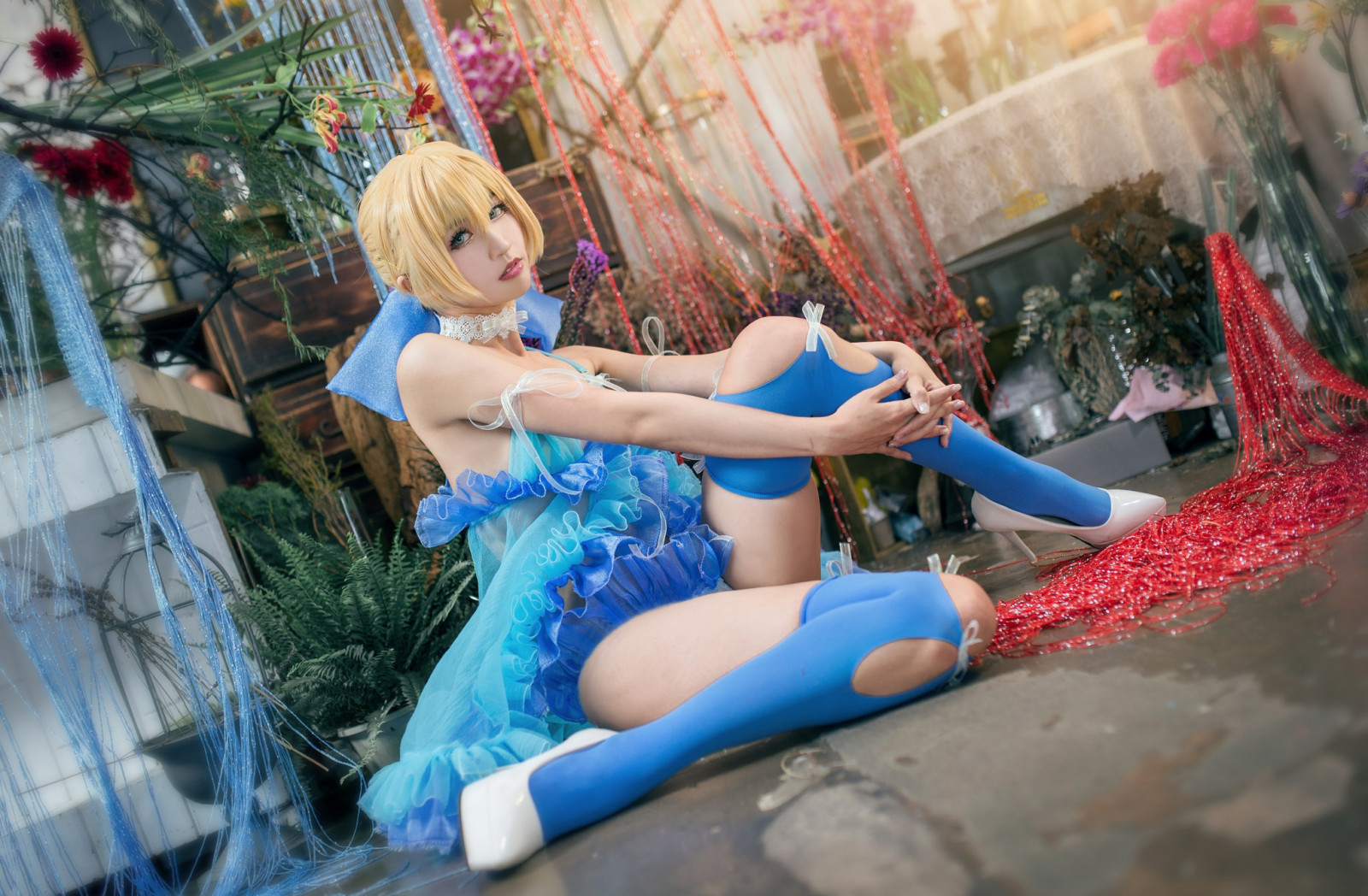 naiset, aasialainen, lattialla, malli-, jalat, cosplay