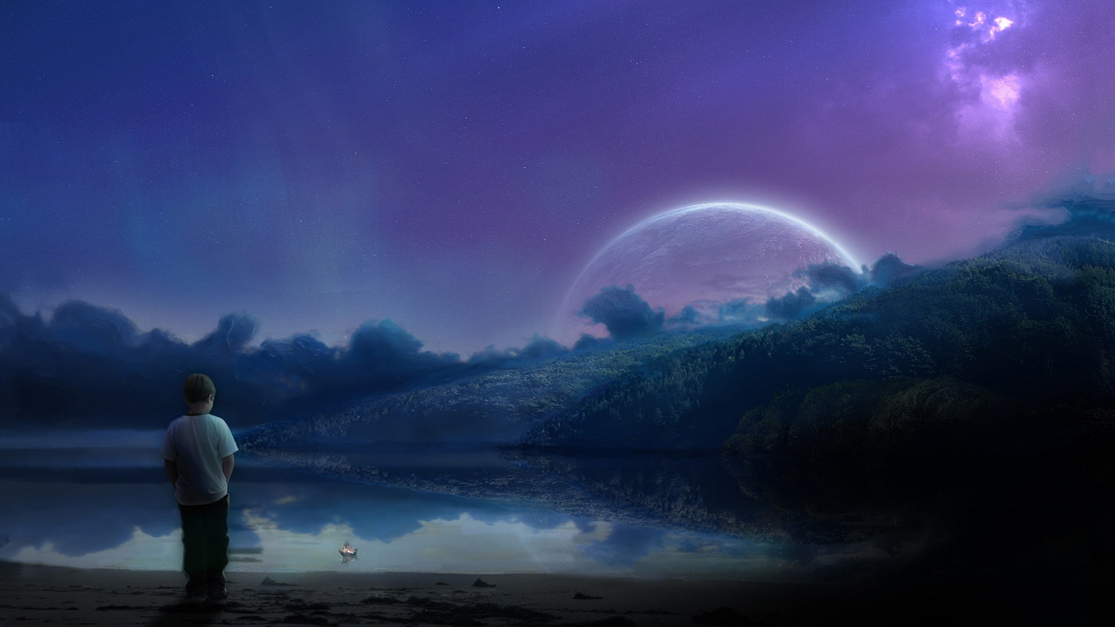 fantasy umění, děti, planeta, odraz, nebe, umělecká díla, měsíční svit, horizont, atmosféra, soumrak, jitřenka, mrak, svítání, vlna, tma, Snímek obrazovky, atmosférický jev, počítač tapeta, vesmír, mořská vlna