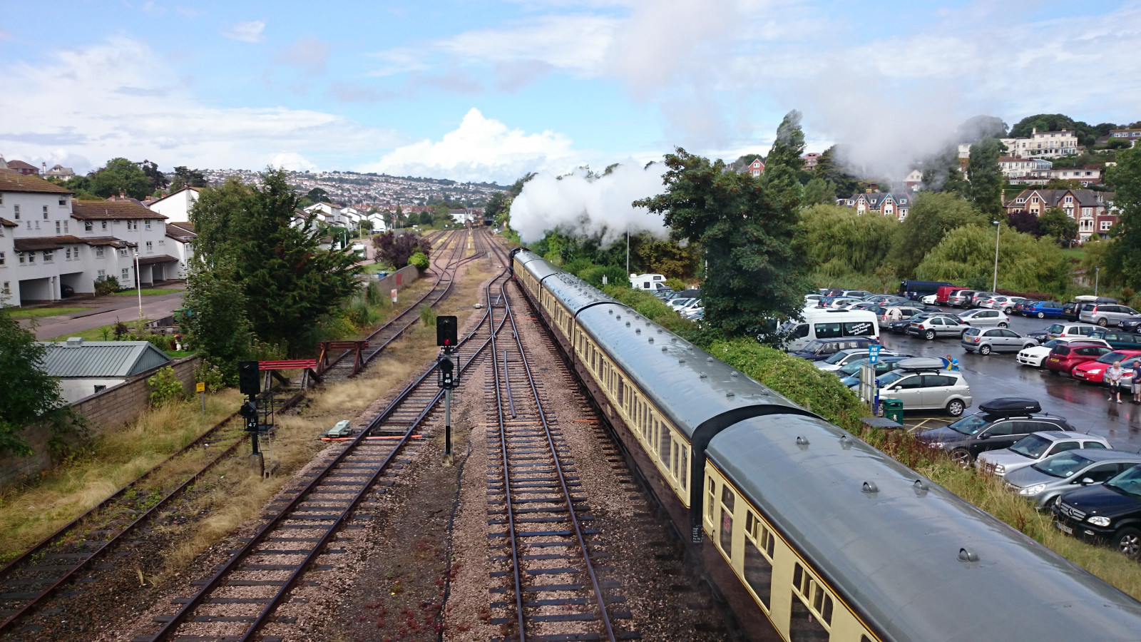 Wallpaper blue, sky, cars, clouds, train, track, hill, steam, Devon
