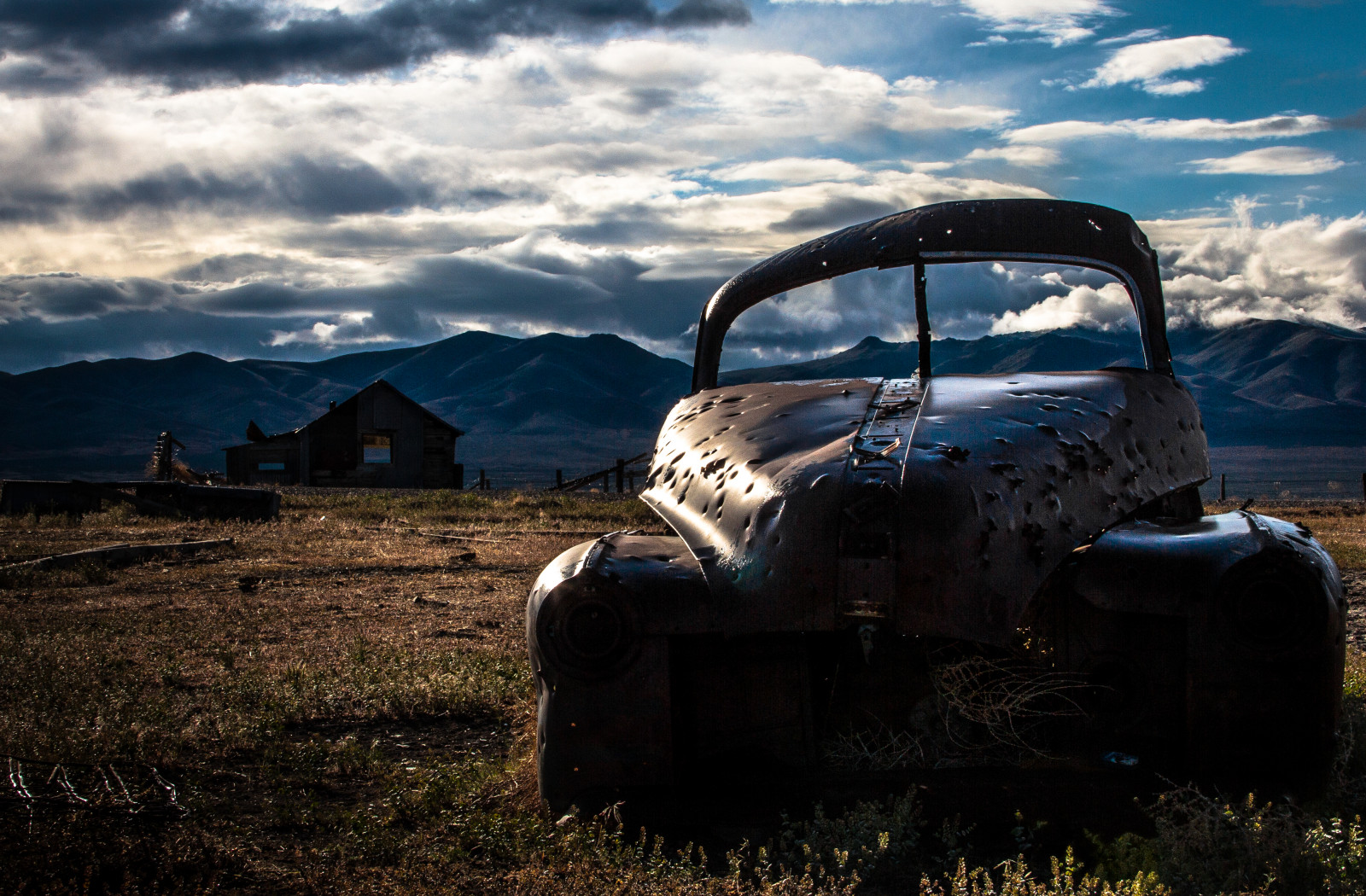 krajina, západ slunce, Skála, auto, opuštěný, odraz, tráva, vozidlo, svítání, večer, ráno, rez, poušť, divočina, rozklad, Nevada, hora, off road, město duchů