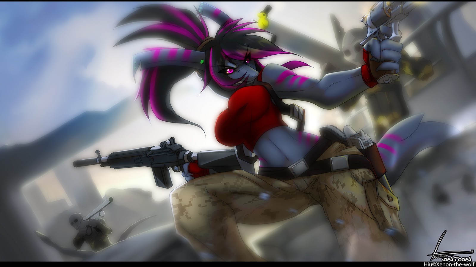 pistole, anime, srstnatý, Anthro, stroj, cargo kalhoty, M14 EBR, Snímek obrazovky, mecha