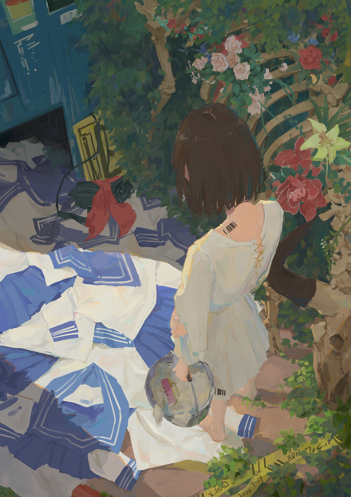 anime, anime dívky, XilmO, květiny, námořník uniformě