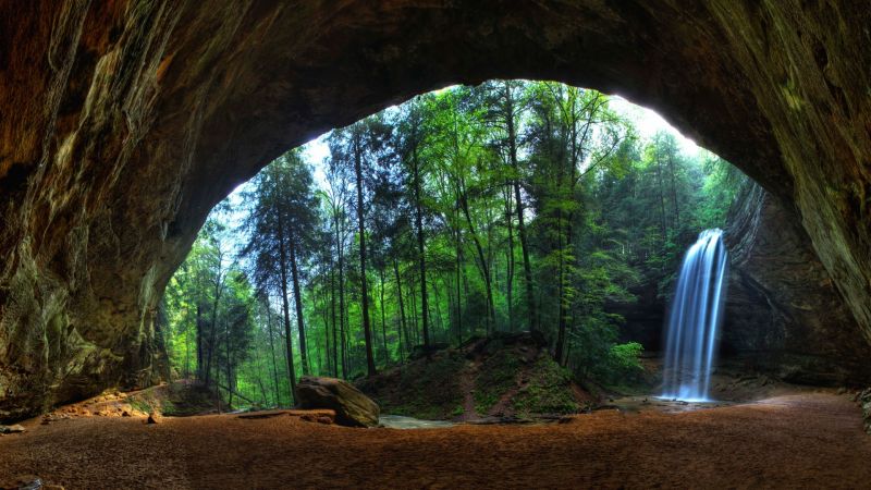 stromy, krajina, les, vodopád, Skála, slunečnímu záření stromy, krajina, les, vodopád, Skála, slunečnímu záření