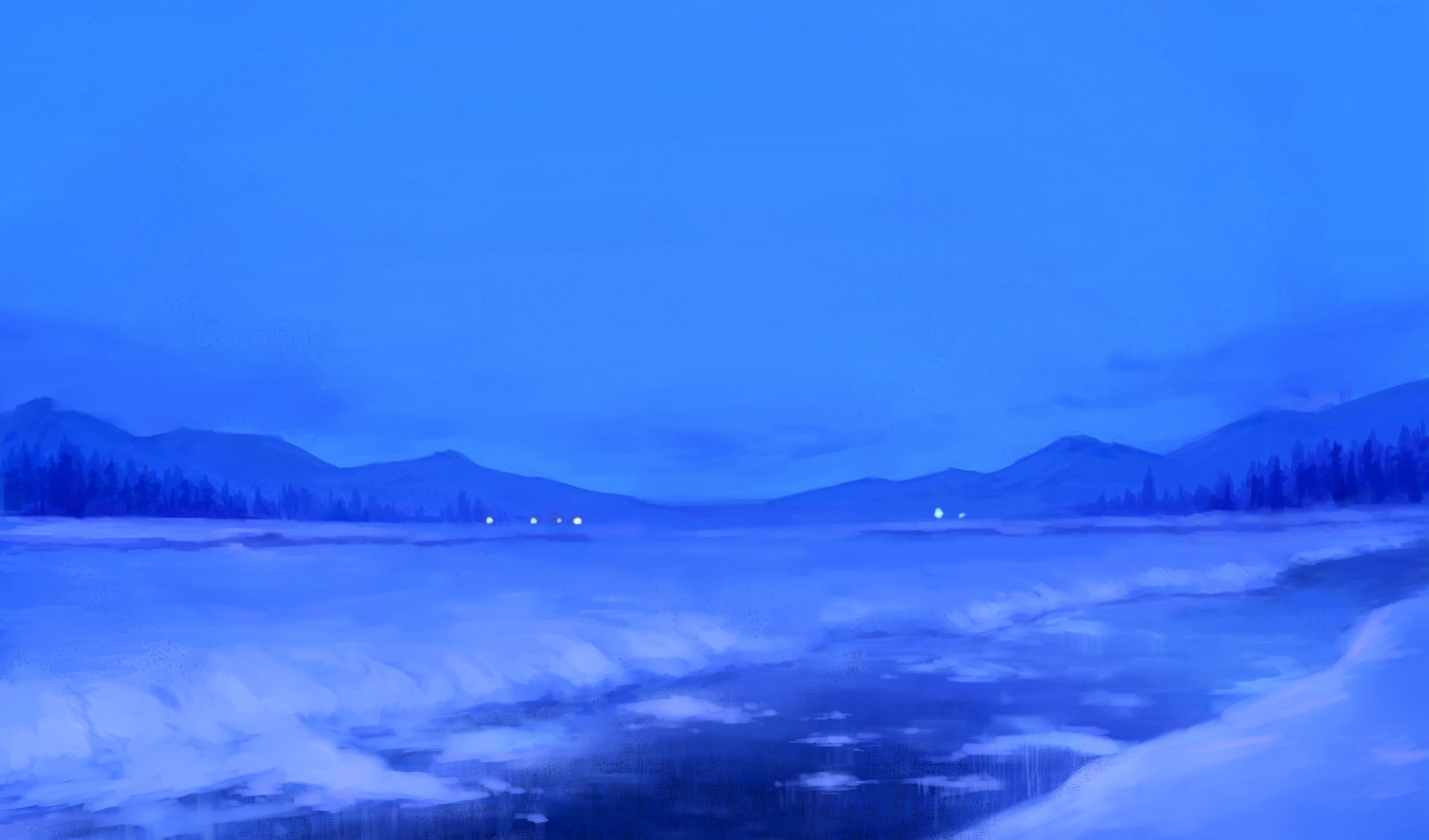 kunstverk, fjellene, elv, snø
