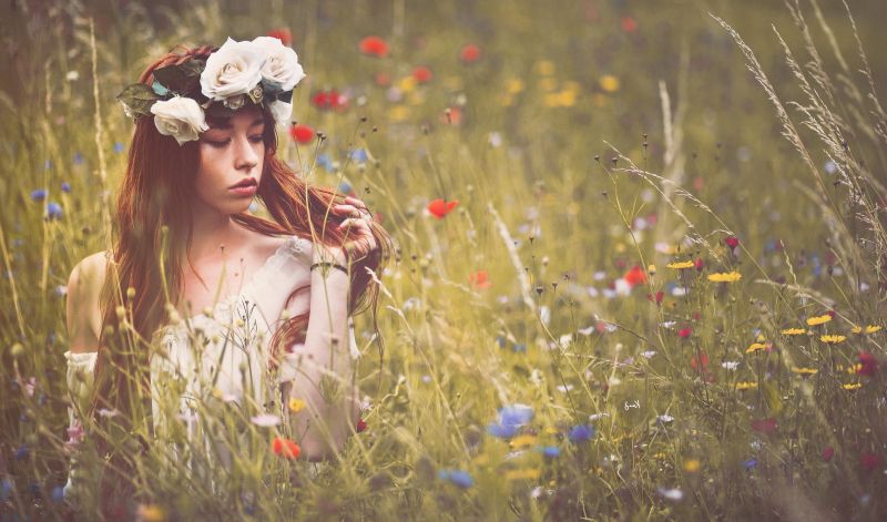 slunečnímu záření, ženy, květiny, Příroda, tráva, jaro