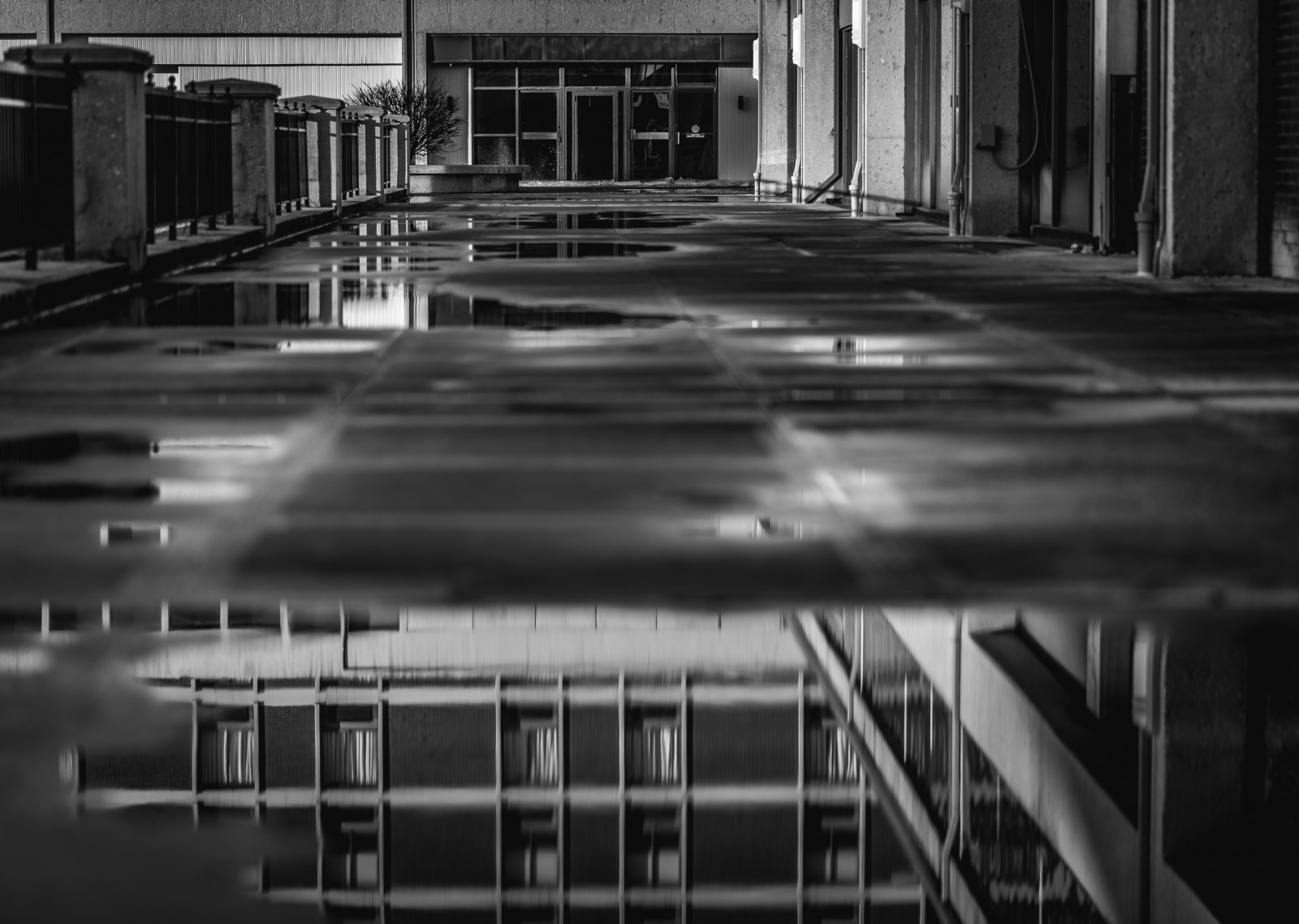 monocromo, città, urbano, costruzione, abbandonato, riflessione, Nikon, pozzanghera, Pennsylvania, Lancaster, bianco e nero, D750, 85 millimetri, papà, centro, bianco e nero, fotografia in bianco e nero, film noir