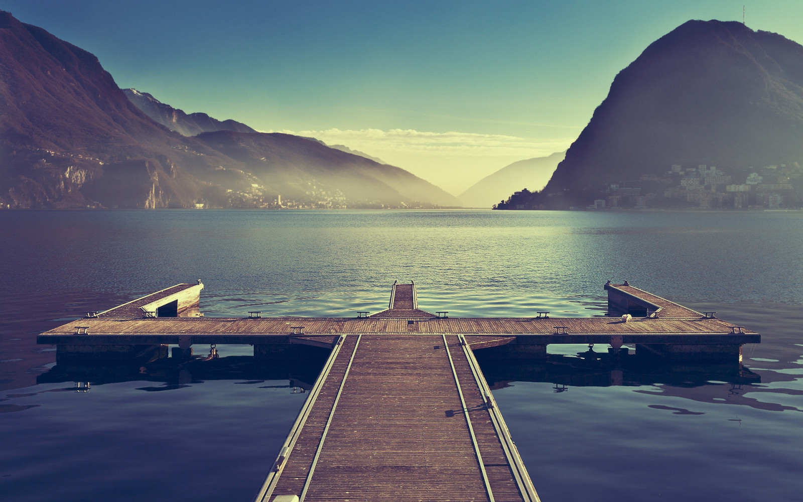 molo, kotviště, tee, hory, řeka, opar