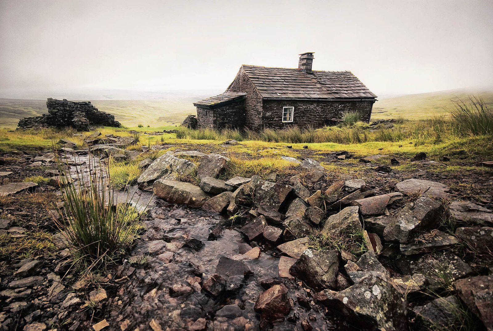 Wallpaper landscape, hill, rock, grass, sky, rain, house, village