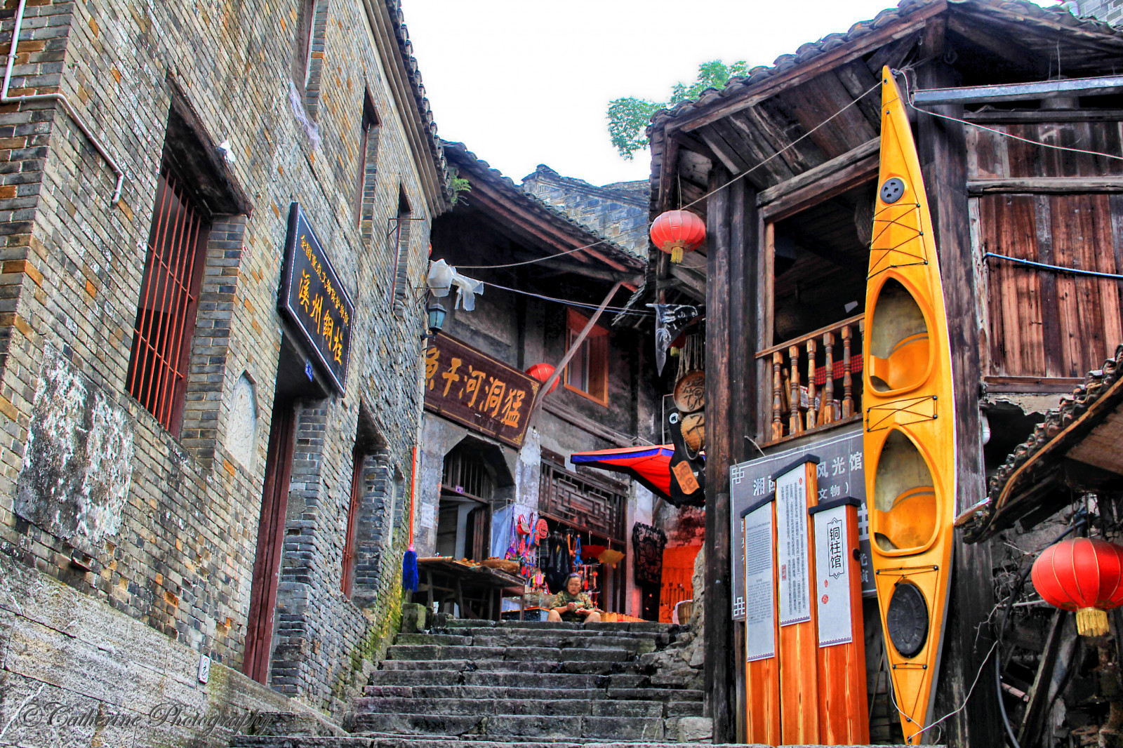 paesaggio, finestra, città, strada, antico, Cina, costruzione, cielo, mattoni, casa, cittadina, le scale, viaggio, donna, barche, case, negozi, facciata, Quartiere, Zhiangjiajie, Furongtown