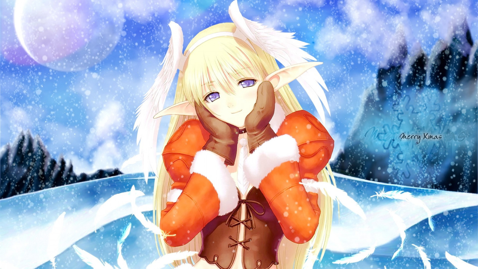 illustrazione, bionda, capelli lunghi, anime, anime girls, guardando spettatore, cielo, nuvole, Natale, orecchie a punta, sfondo del computer