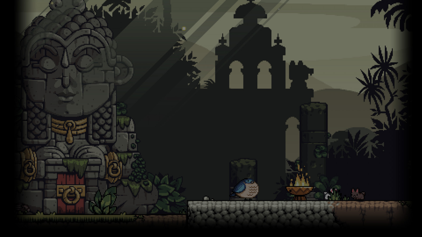 digitální umění, pixel art, Pixelů, budova, pixelated, stromy, totem, palmy, kmenový, silueta, videohry, retro hry