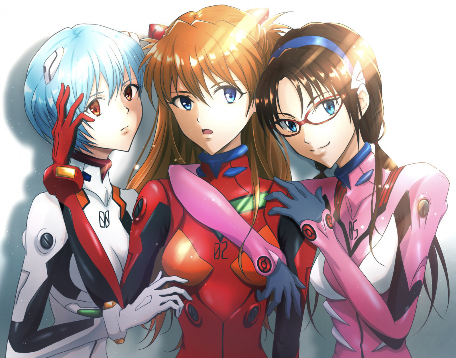 anime, anime dívky, Super Robot Taisen, Rebuild of Evangelion, Neon Genesis Evangelion, Ayanami Rei, Asuka Langley Soryu, Makinami Mari Proslulý, dlouhé vlasy, krátké vlasy, twintails, modré vlasy, ryšavý, bruneta, umělecká díla, digitální umění, fan art