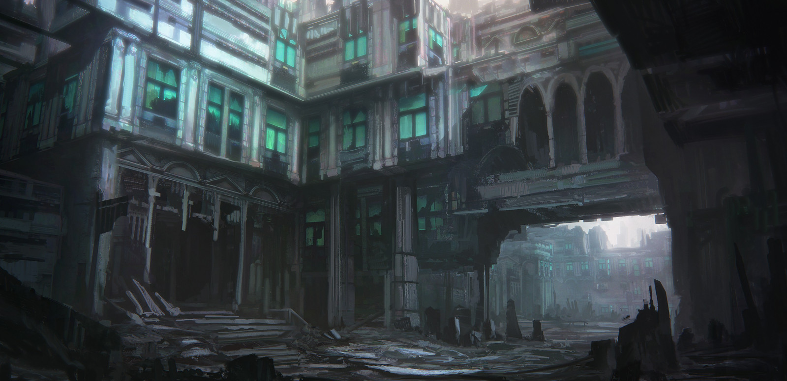 3057x1484 px, Abandoned city, abstract, artwork, dark, digital art, fantasy art, pixelated, science fiction, stairs, window