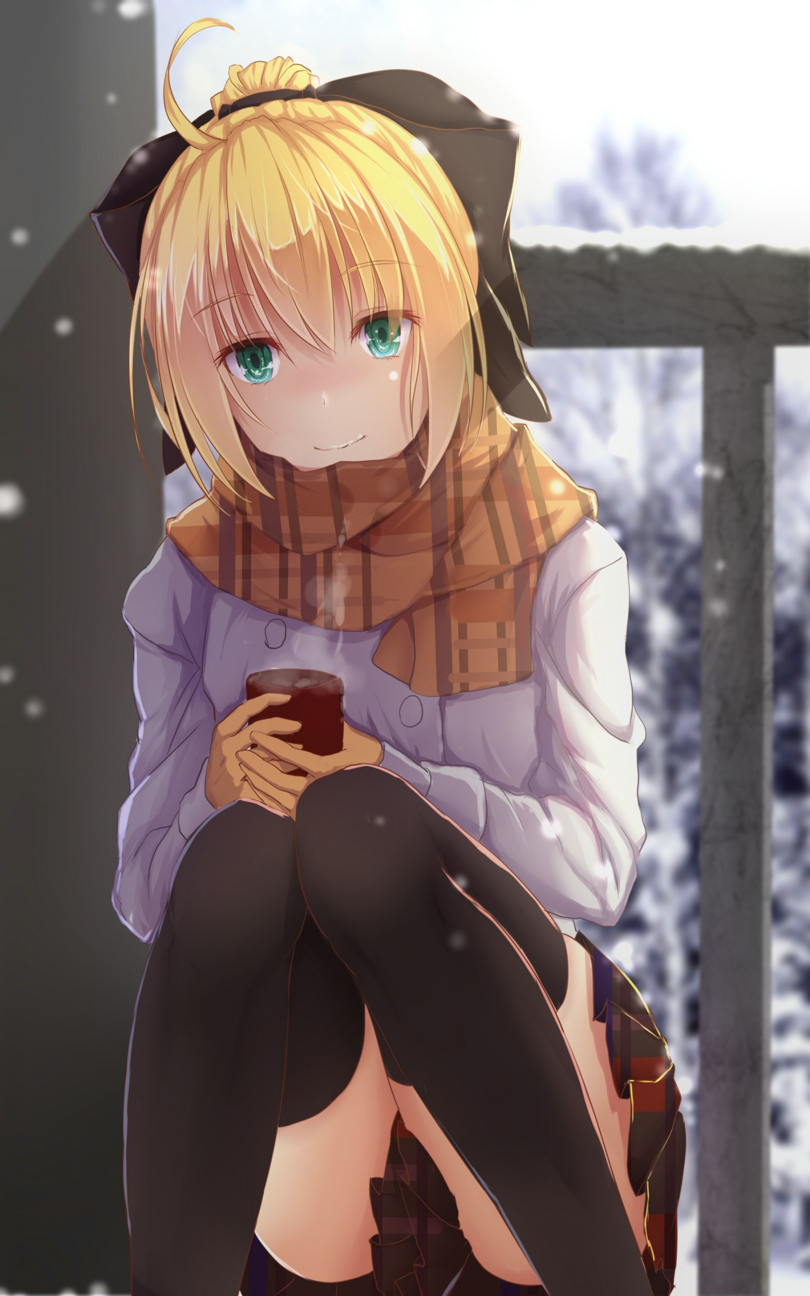 Wallpaper : blonde, anime girls, short hair, green eyes, snow, winter, stockings, black hair ...