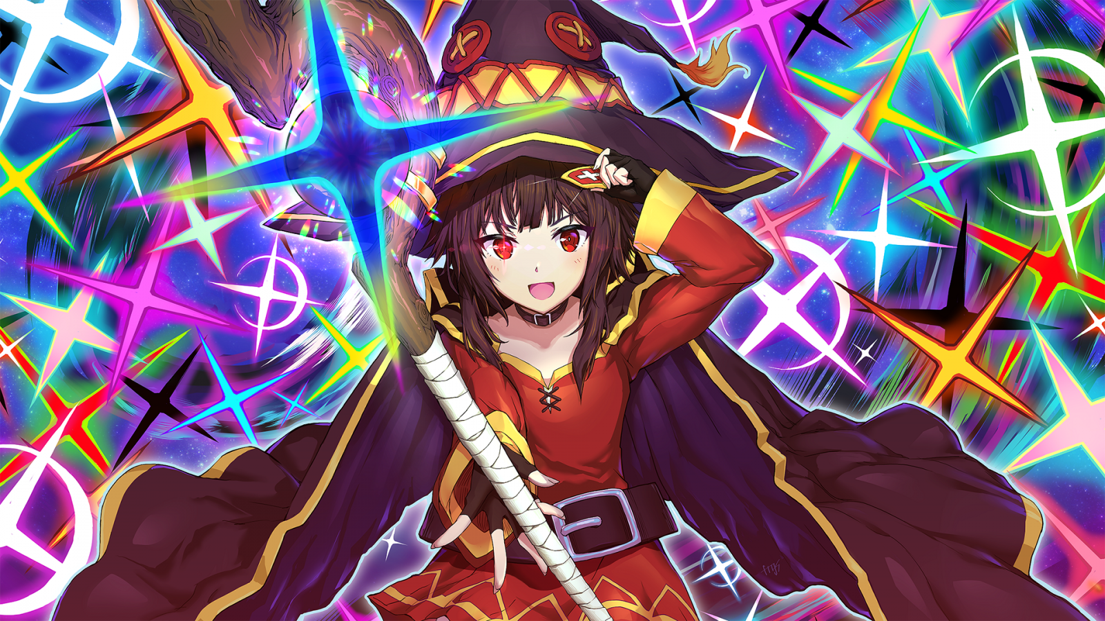 Fondos de pantalla : Megumin, ojos rojos, guantes, pelo largo, morena ...