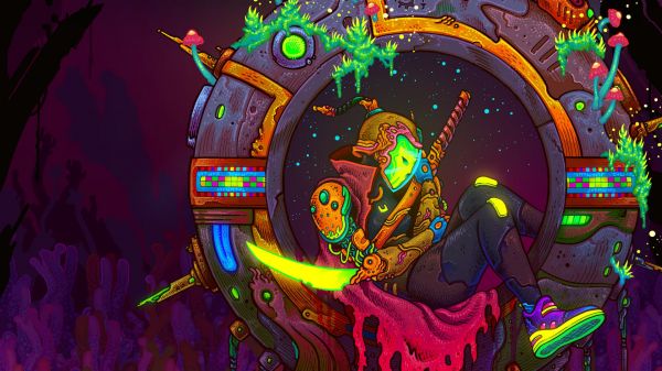 neon,Video Game Art,scythe,mask,mushroom