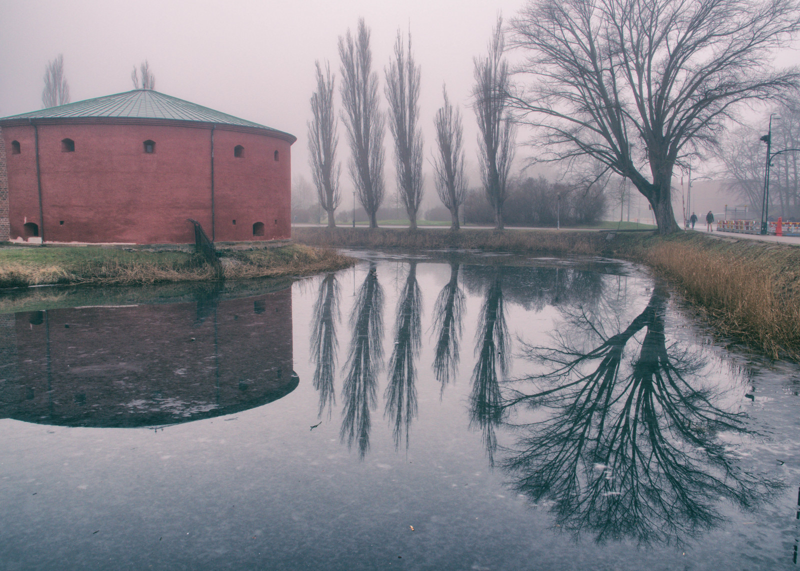 alberi, lago, acqua, natura, riflessione, la neve, inverno, mattina, castello, nebbia, fiume, Svezia, Sverige, Malm, albero, nebbia, tempo metereologico, stagione, sk nel n, SE, spegling, Malmoe, outdor, Malm husslott, v der, tr d, Dimma, fenomeno atmosferico, corso d'acqua