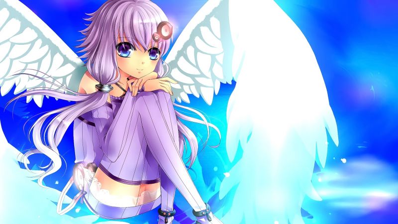 anime, anime dívky, ilustrace, křídla, fialové vlasy, punčochy anime, anime dívky, ilustrace, křídla, fialové vlasy, punčochy