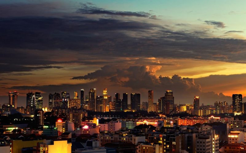 sunset,sky,city,cityscape,night,Singapore