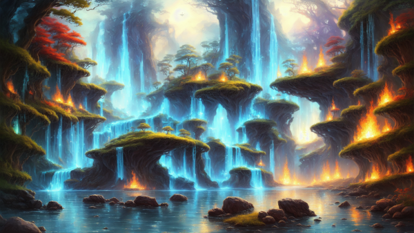 digital art,Earth,wind,fire,air,waterfall