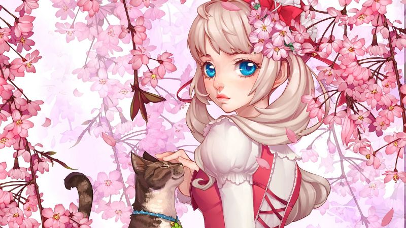 illustration, blonde, anime, blue eyes, cat, anime girls illustration, blonde, anime, blue eyes, cat, anime girls