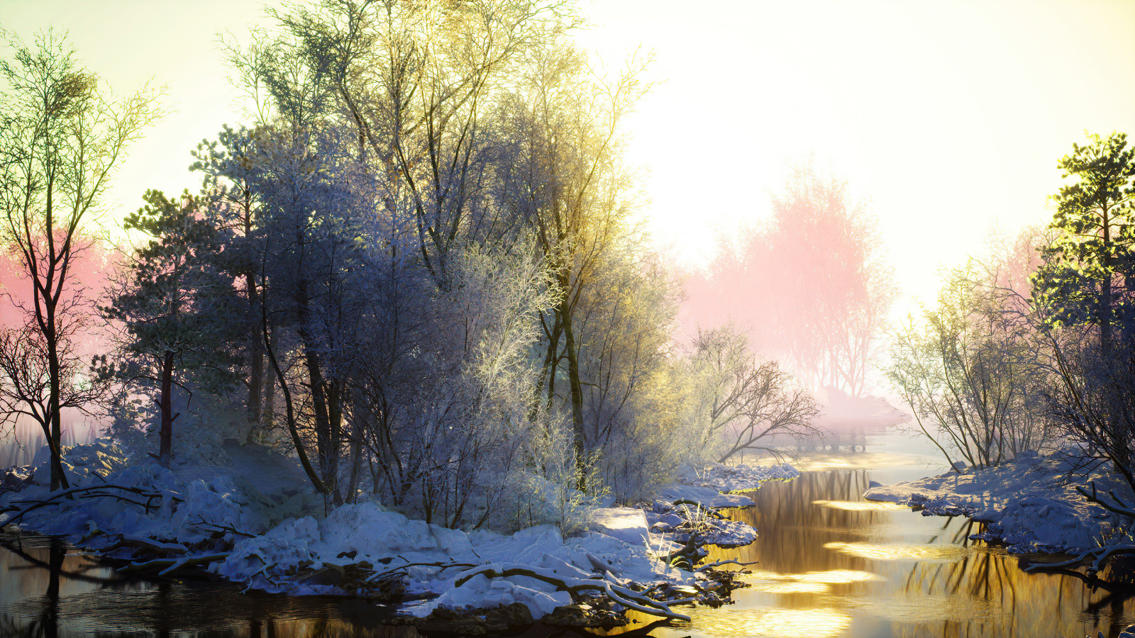 zima, sníh, krajina, Příroda, umělecká díla, mlha, zatažený, stromy, řeka, voda