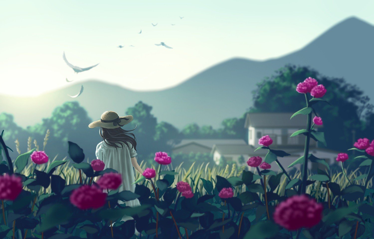 1500x960 px, anime dívky, ptactvo, květiny