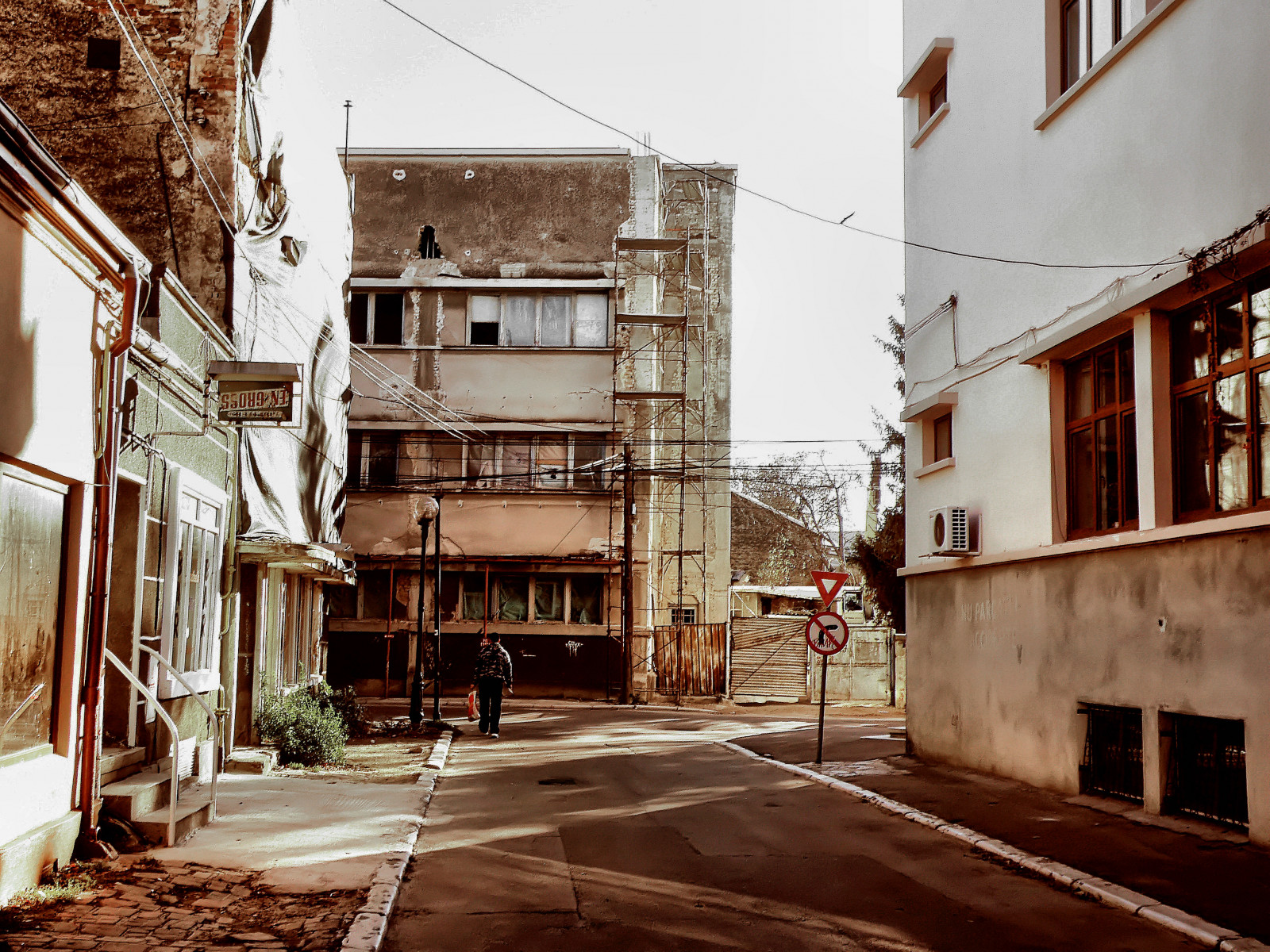 Wallpaper street, light, red, building, sign, architecture, shadows