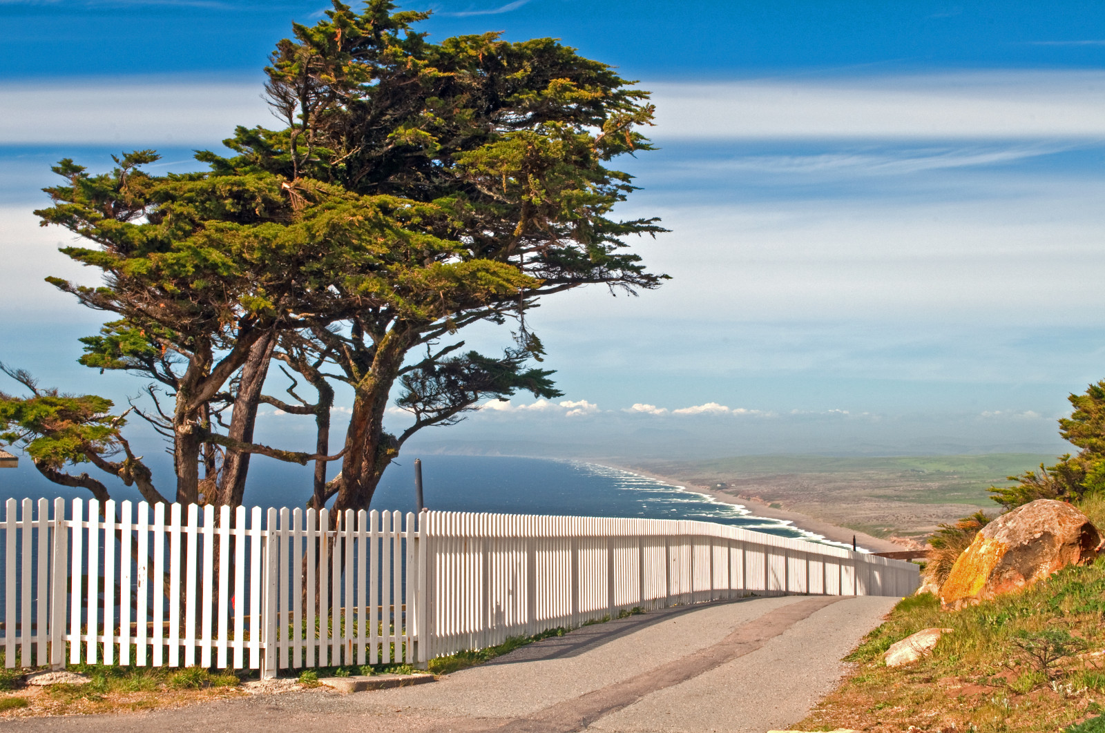 krajina, moře, nebe, silnice, pláž, pobřeží, plot, cesta, Kypr, Pacifik, mrak, strom, rostlina, oceán, pointreyes, outdoor struktura, pointreyesnationalseashore, whitepicketfence, fixed link, guard rail