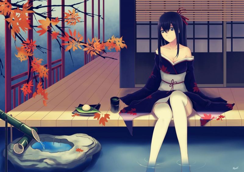 anime,εικονογράφηση,μπλε μαλλιά,μπλε μάτια,λίμνη,σπίτι