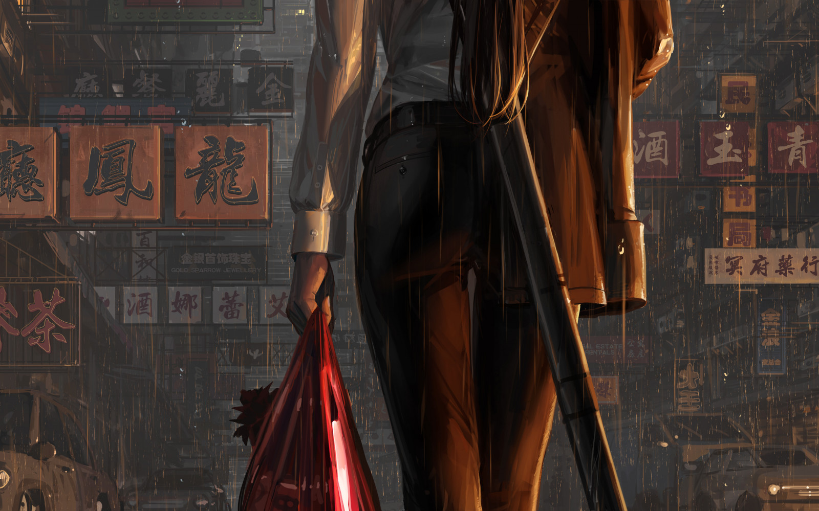 GUWEIZ, digitální umění, umělecká díla, ilustrace, ženy, bílá košile, ulice, déšť, stojící, neonový nápis