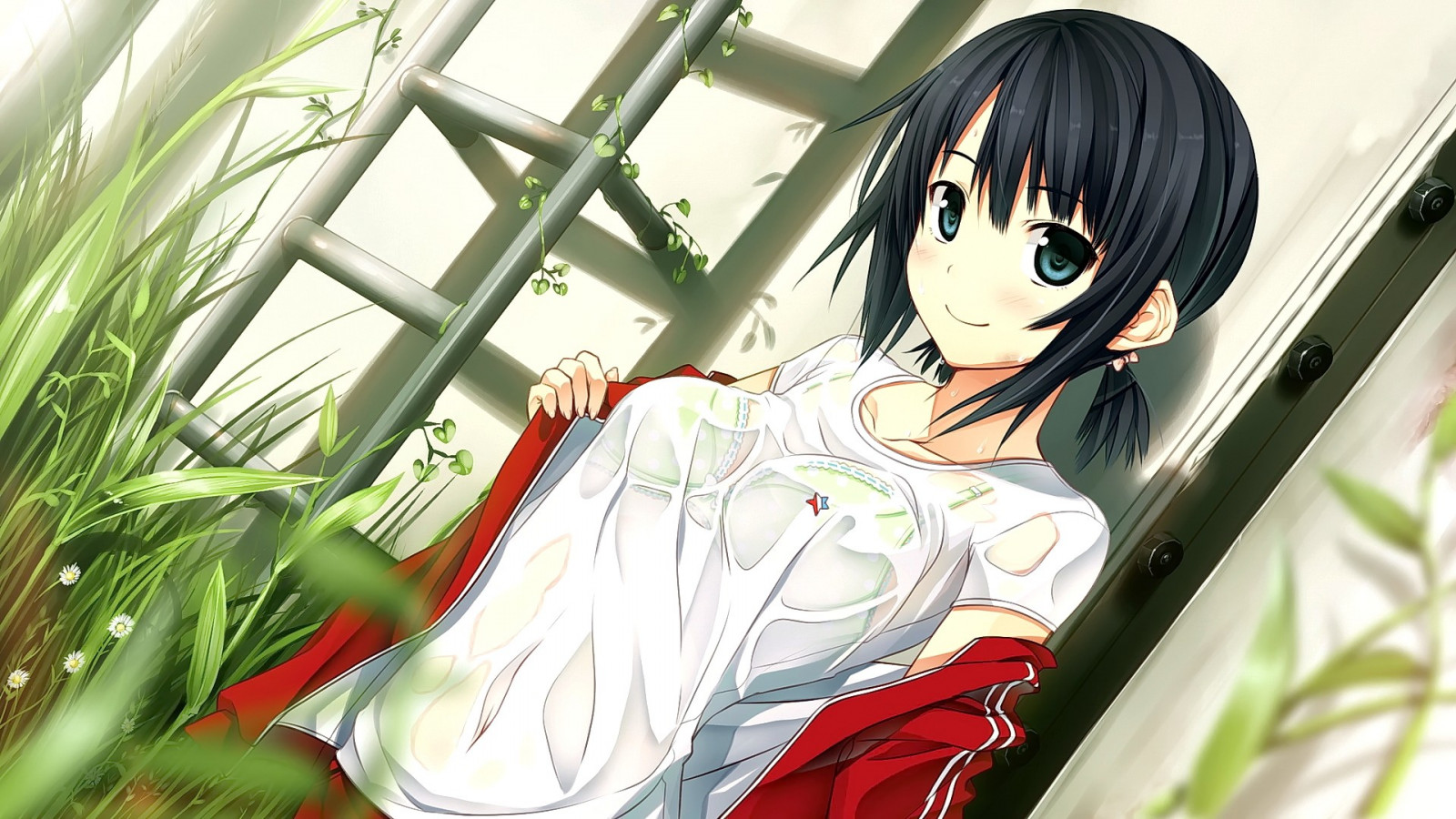 Wallpaper : anime girls, short hair, brunette, looking at viewer, green