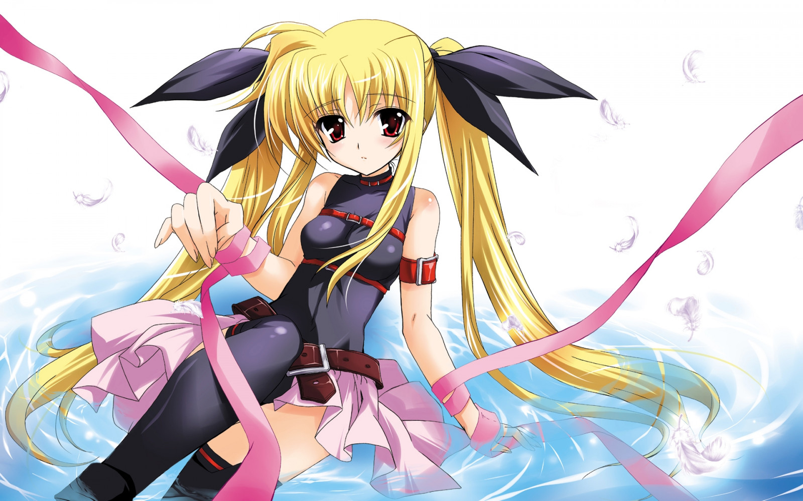 Wallpaper illustration, blonde, anime, water, feathers, cartoon, belt