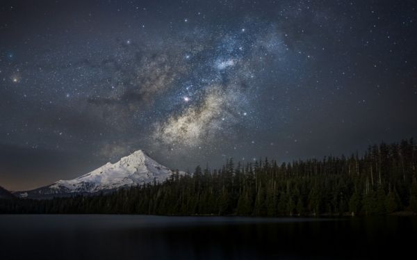 forest, lake, landscape, 1230x768 px, galaxy, long exposure
