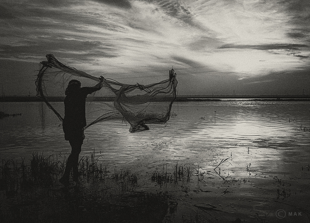sollys, landskab, sort, monokrom, solnedgang, hav, vand, afspejling, silhuet, aften, morgen, Tone, flod, Nikon, korn, fiskeri, fisker, lys, Sky, bw, sort hvid, ocean, bølge, net, form, mørke, refleksion, atmosfærisk fænomen, sort og hvid, monokrom fotografering