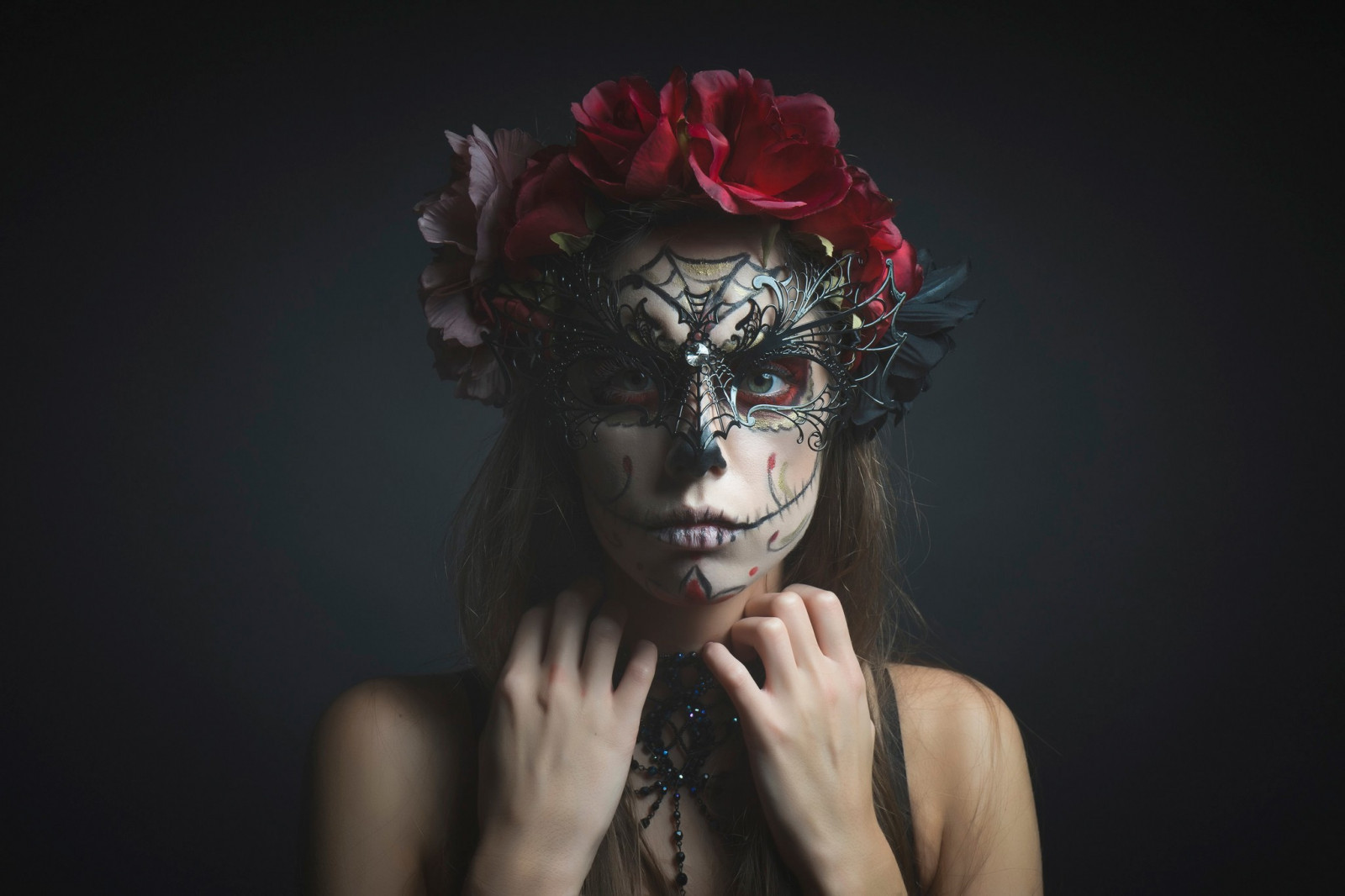 sort, Kvinder, blomst i håret, Sugar Skull, tøj, hoved, mørke, kostume, 2048x1365 px, masque