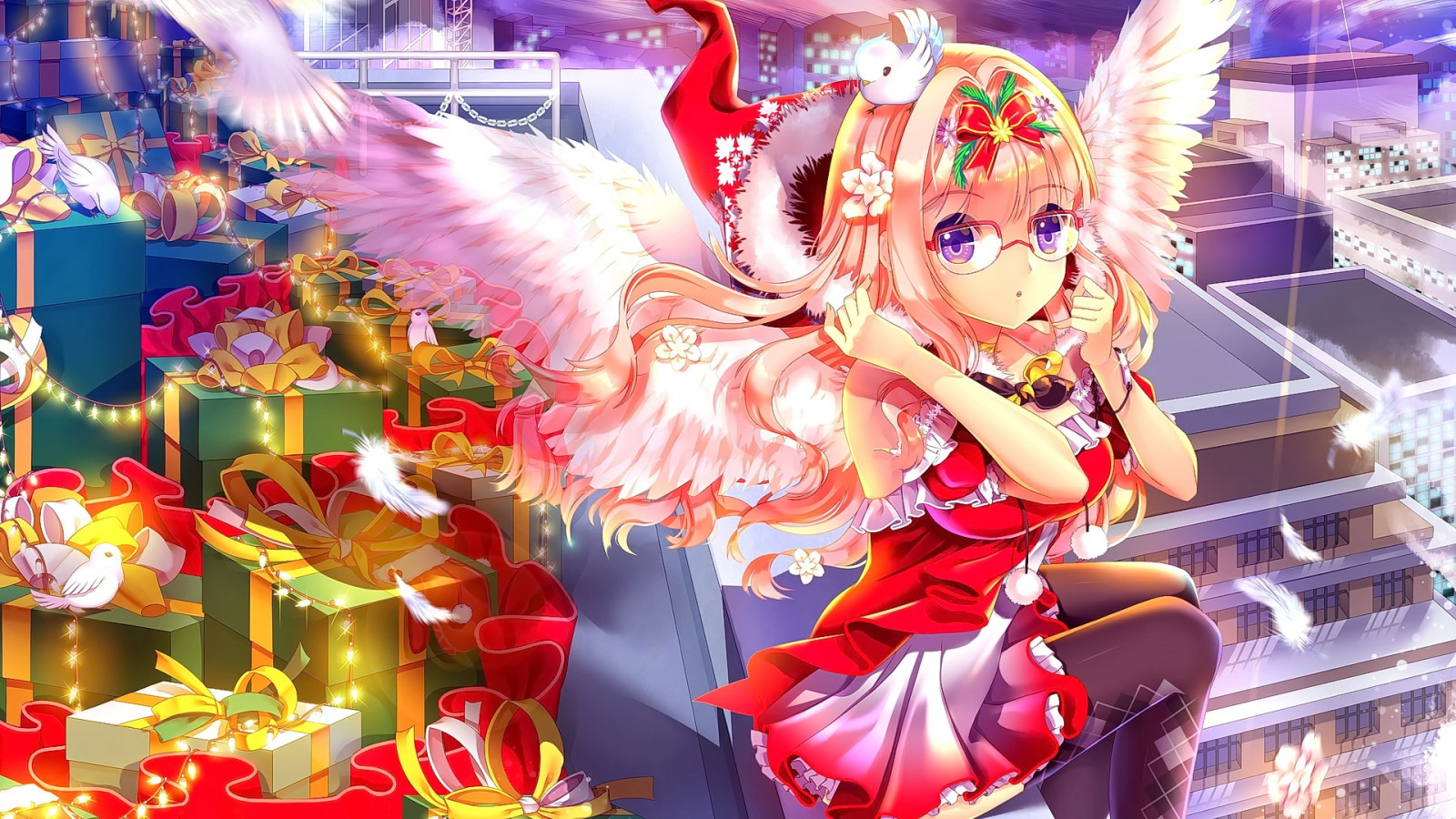 dlouhé vlasy, anime, anime dívky, brýle, při pohledu na diváka, křídla, sedící, Původní znaky, Vánoce, představuje, Karneval, festival, zábavní park