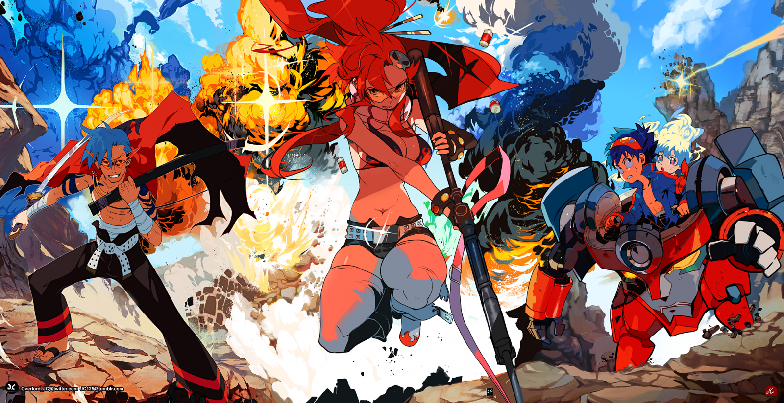 illustration, anime, Tengen Toppa Tengen Toppa Gurren Lagann, Kamina, Littner Yoko, tegneserier, Simon, Teppelin Nia, KUNST, skærmbillede, tegneserie