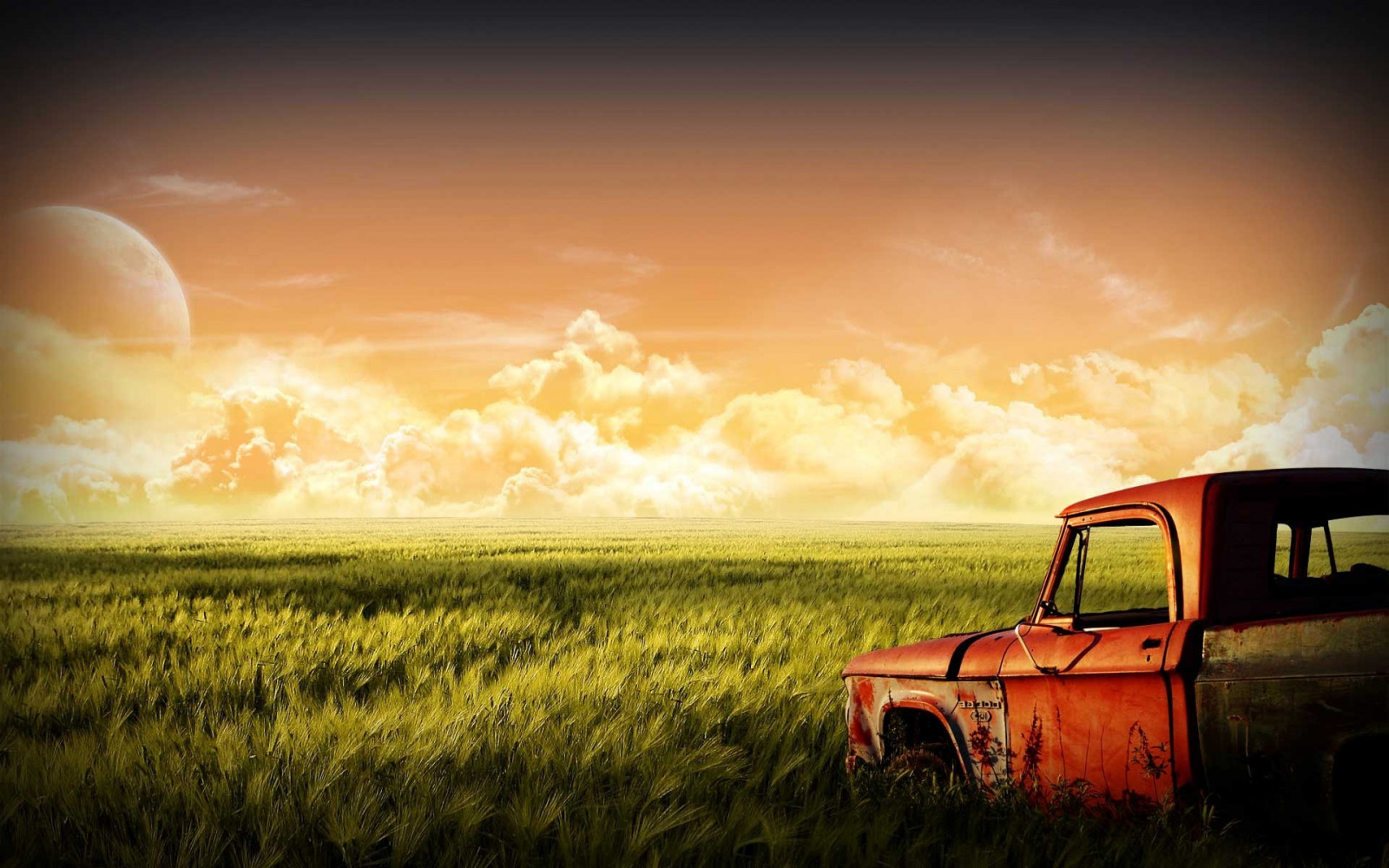 Sonnenlicht, Landschaft, Fantasiekunst, Sonnenuntergang, Auto, Gras, Himmel, Feld, Wolken, Sonnenaufgang, Mond, Grün, Abend, Morgen, Horizont, Wolke, Dämmerung, Landwirtschaft, 1920x1200 px, Computer-Tapete, Grasfamilie