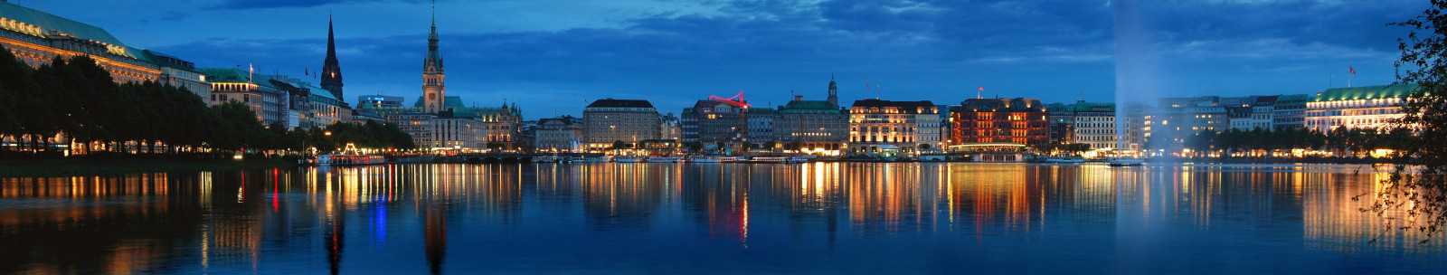 5670x1080 px, อาคาร, เมือง, ยุโรป, ตอนเย็น, น้ำพุ, เยอรมนี, Hamburg, ทัศนียภาพ, ต้นไม้, น้ำ