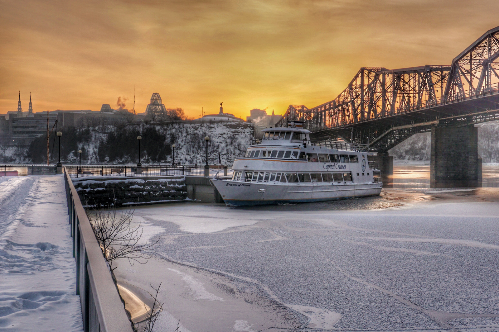 morgen, bro, krydstogt, himmel, orange, sne, Ontario, Canada, kold, is, Marina, solopgang, flod, punkt, båd, galleri, skib, Quebec, Ottawa, kapital, national, alexandra, Champlain, Gatineau, Nepean, beyondhue