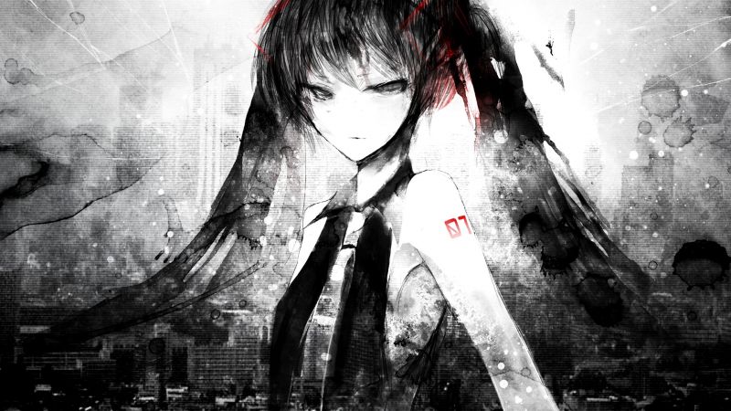 černobílý, anime, Vocaloid, Hatsune Miku, tma, Černý a bílý černobílý, anime, Vocaloid, Hatsune Miku, tma, Černý a bílý