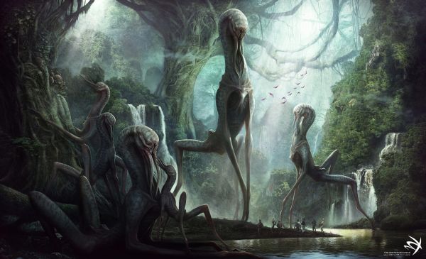 fantasy art, trees, fall, mountains, digital art, birds