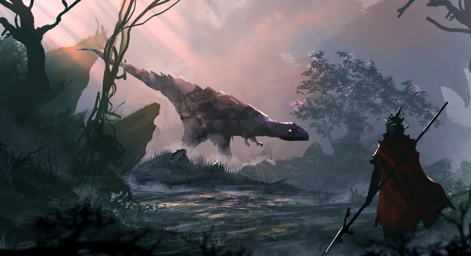 stromy, fantasy umění, Příroda, bitva, mlha, hrdina, bojovník, kopí, mytologie, loď duchů, Snímek obrazovky, atmosférický jev, počítač tapeta