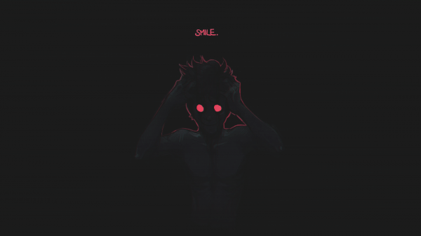 minimalism,smiling,dark,demon,scary face,large eyes